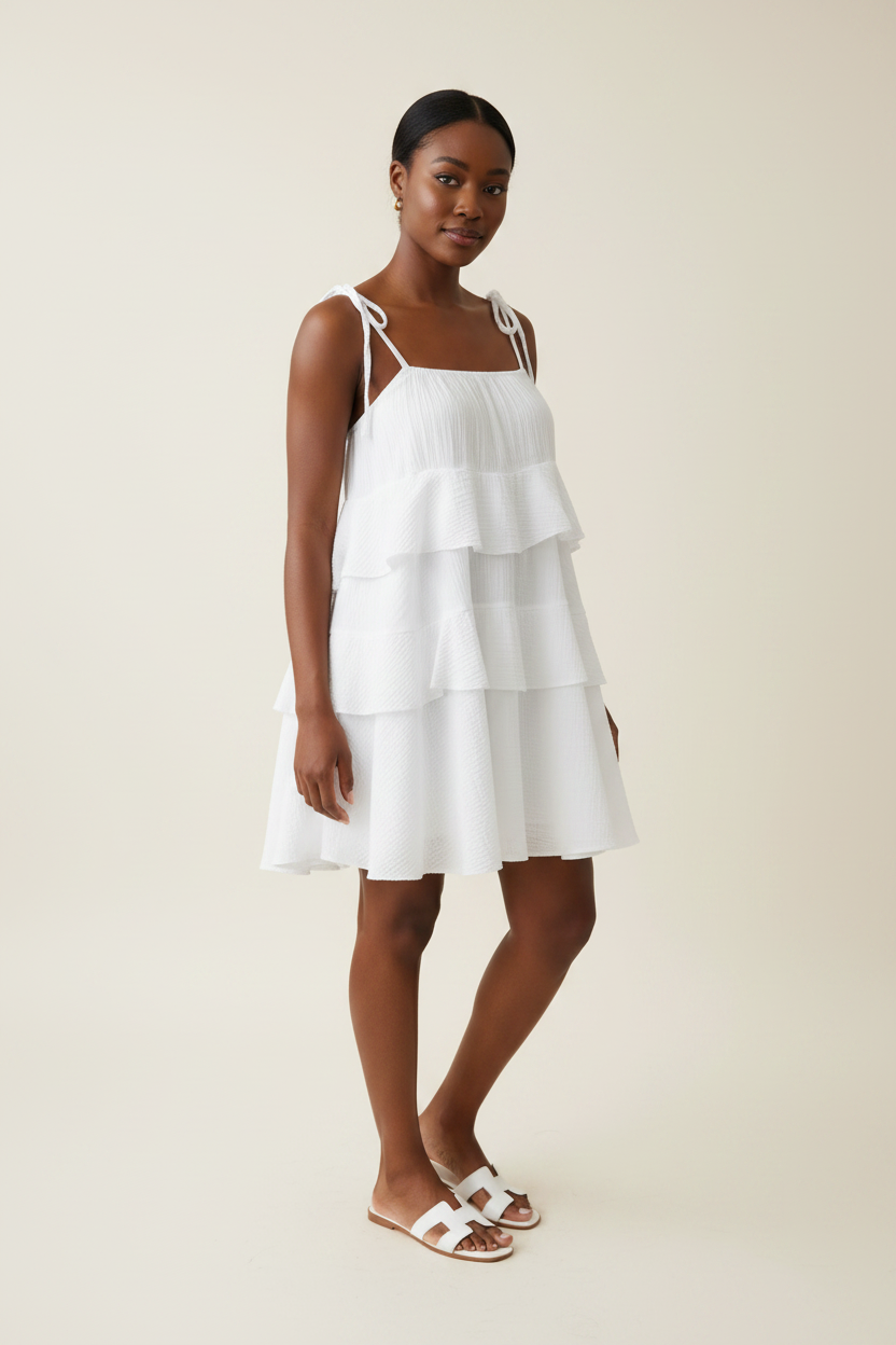 Model wearing a white tiered ruffle mini dress with tie shoulder straps