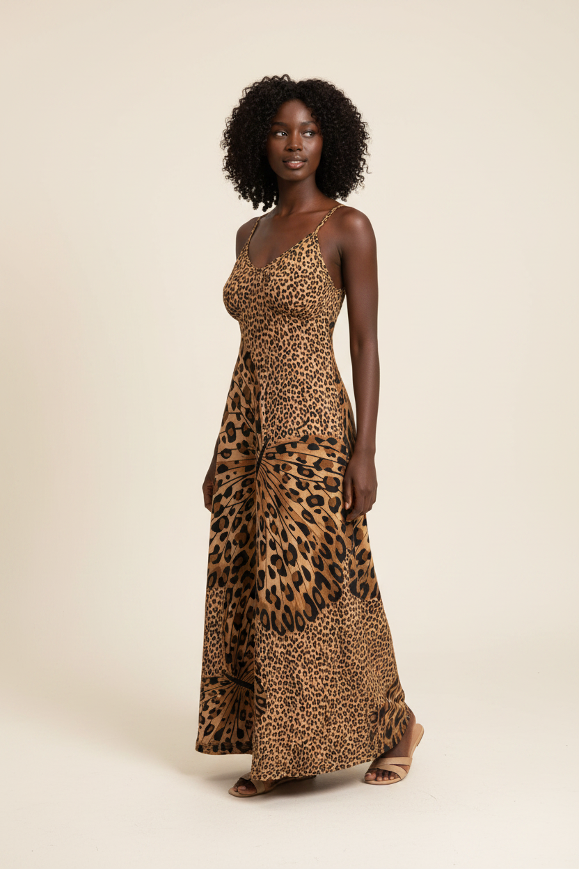 Model wearing a leopard-print butterfly maxi cami dress with slim straps
