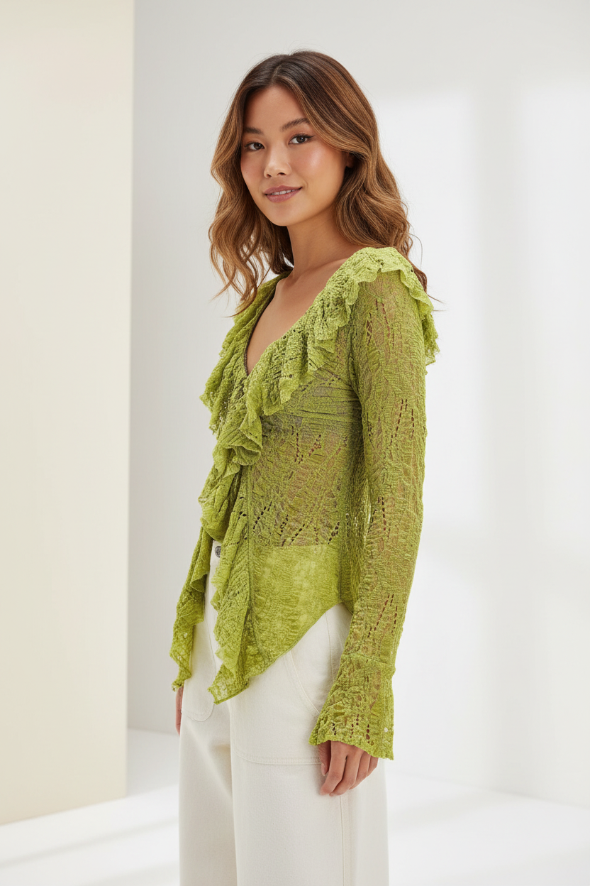 Model wearing a lime lace ruffle V-neck blouse with long sleeves