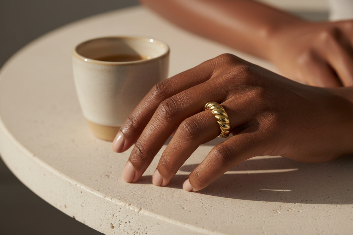 18K gold PVD croissant twisted dome ring worn in an everyday tabletop lifestyle setting