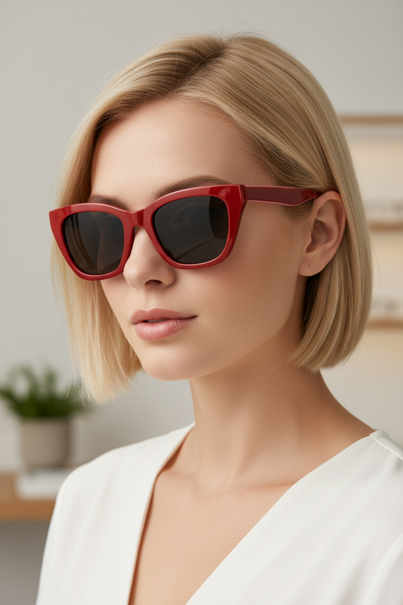 Square polarized sunglasses with 004 grey lenses worn by a white model