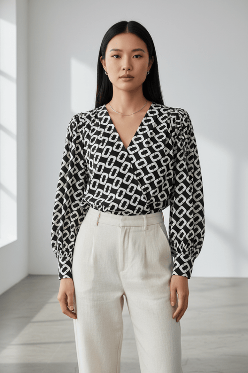 Geometric V-Neck Long-Sleeve Blouse - The PM Edit