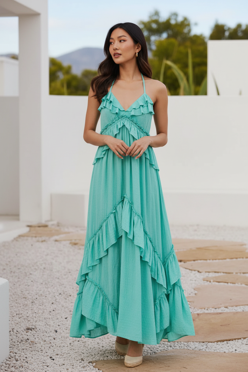 Turquoise ruffled halter-neck maxi dress worn by a model