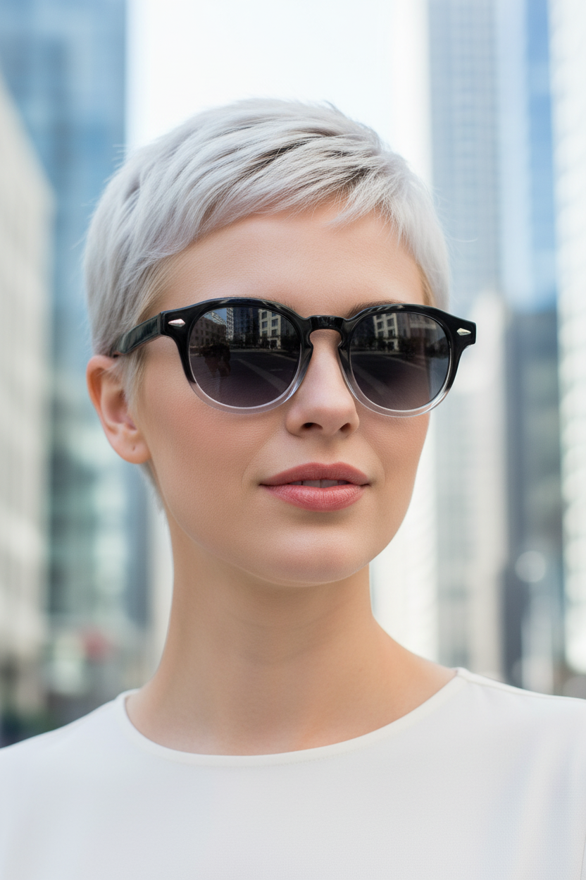 Grey retro round UV400 sunglasses worn by a white model
