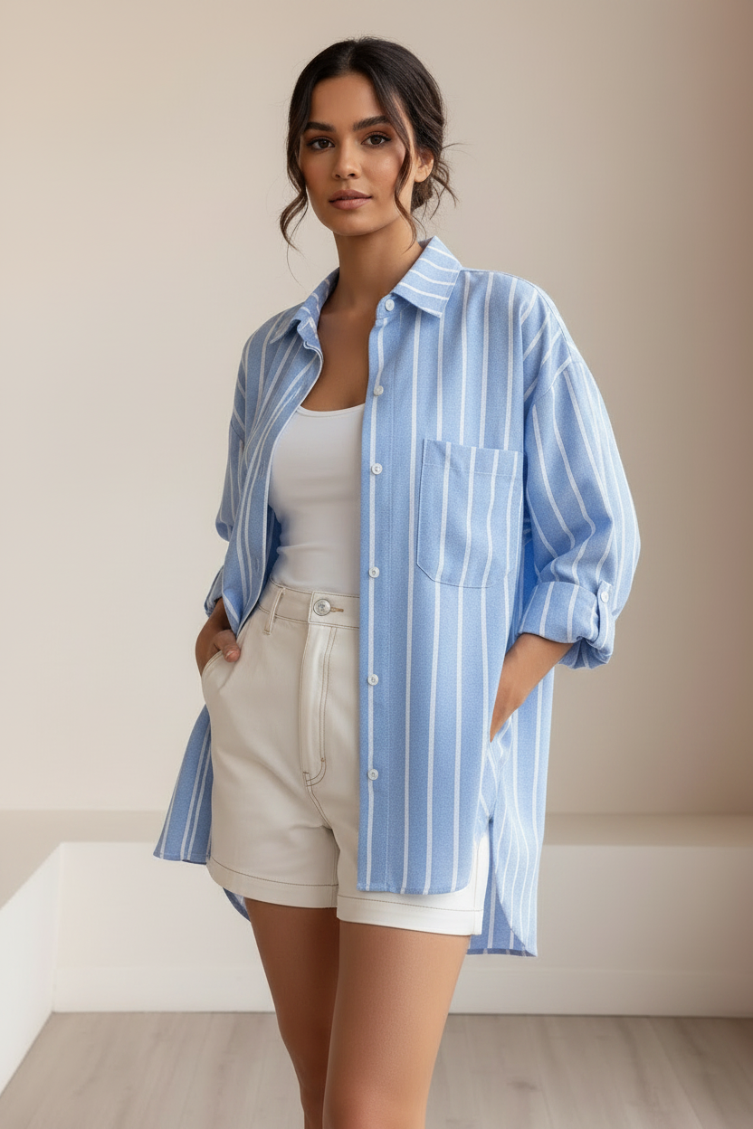 Front view of a model wearing a blue striped oversized button-down shirt with a chest pocket