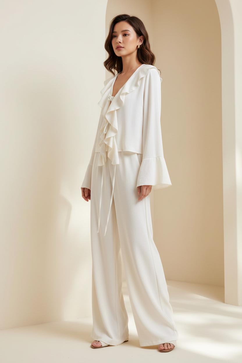 Model wearing a white ruffle-trim tie-front top and matching pants set