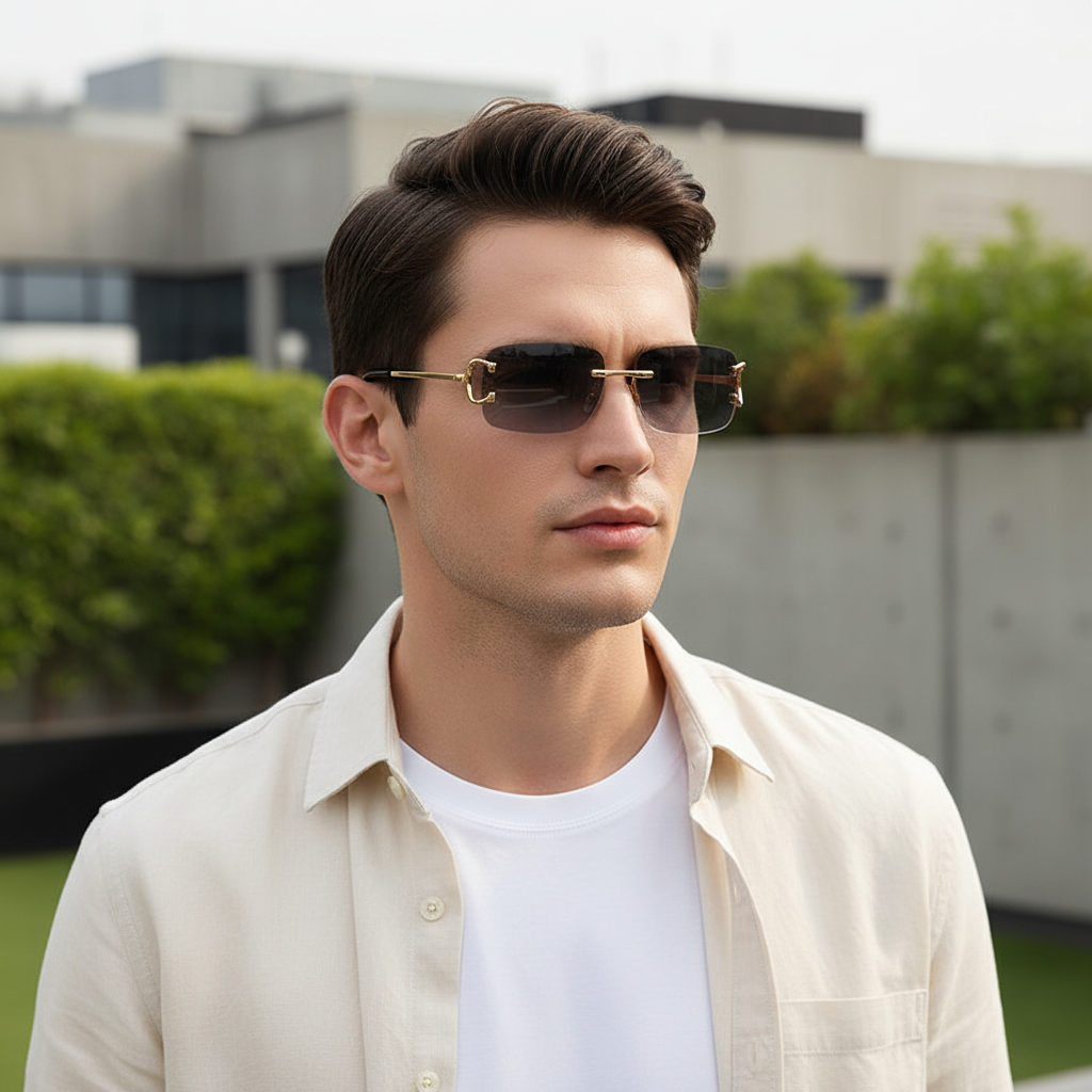 C02CA gray rectangular UV400 sunglasses worn by a male model