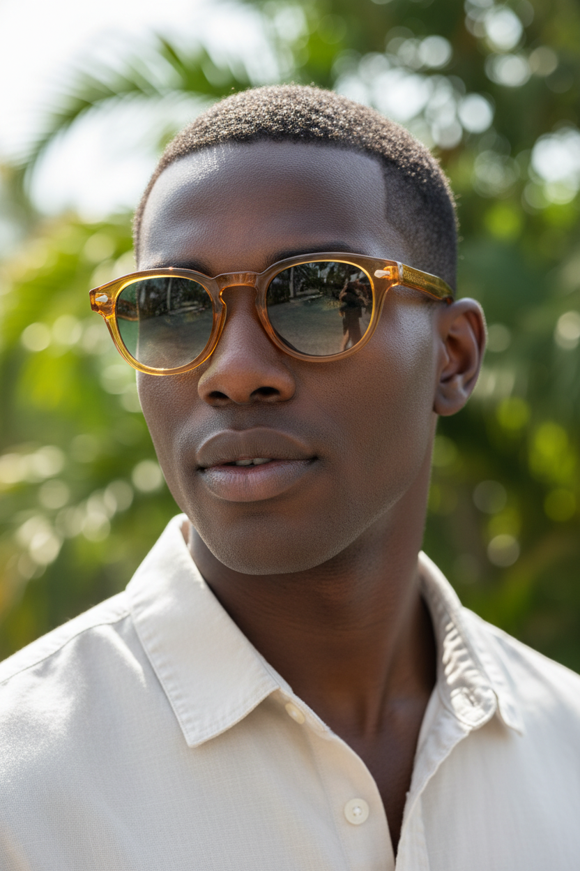Yellow Green retro round UV400 sunglasses worn by a male model