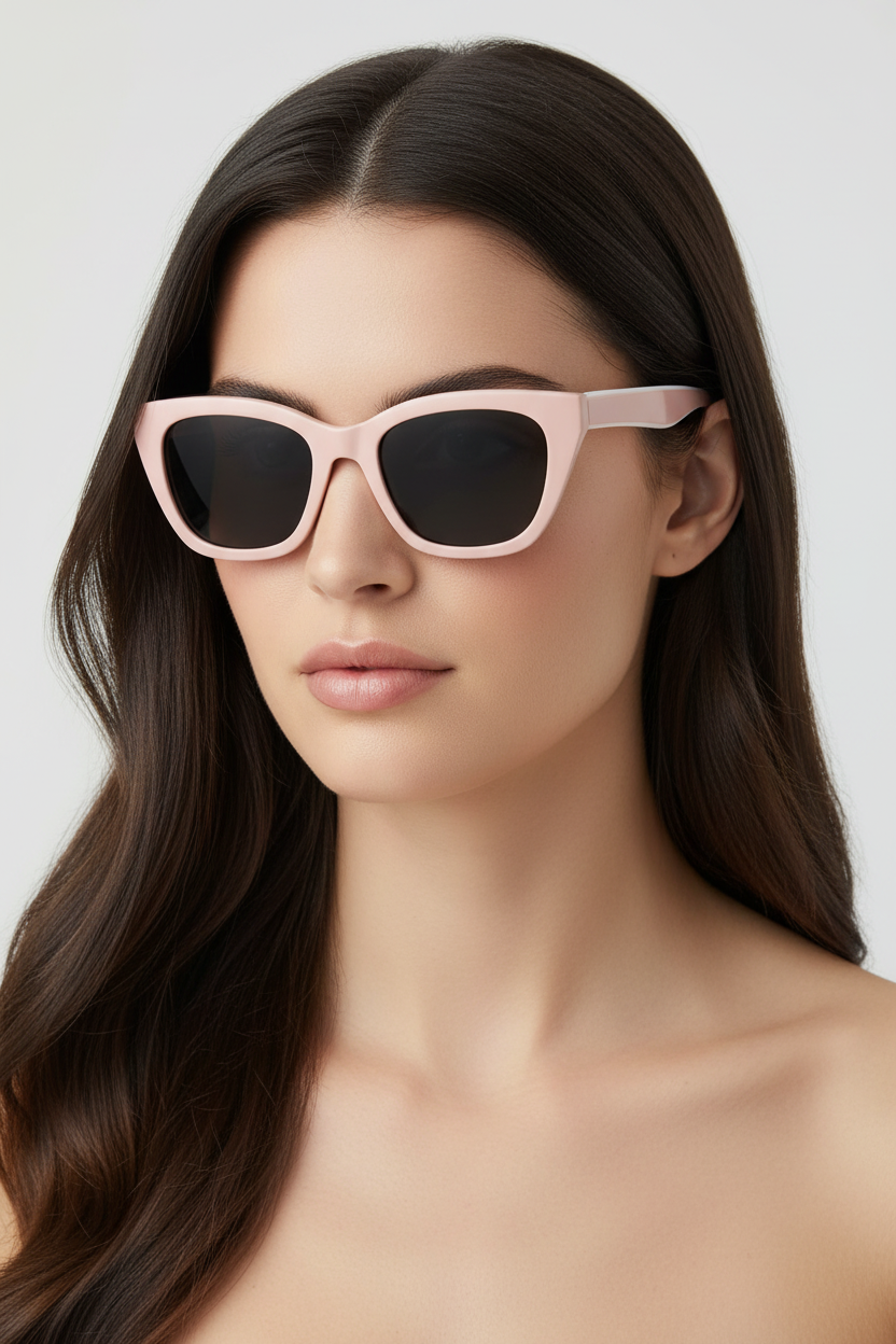 Cat-eye polarized sunglasses with 006 grey lenses worn by a white model