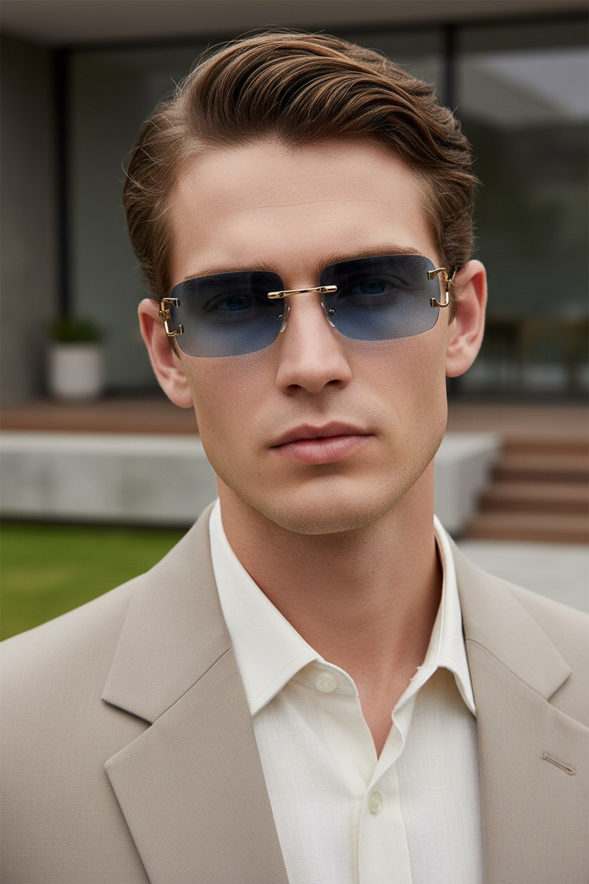 Rimless rectangular UV400 sunglasses with blue gradient lenses and copper frame worn by a model