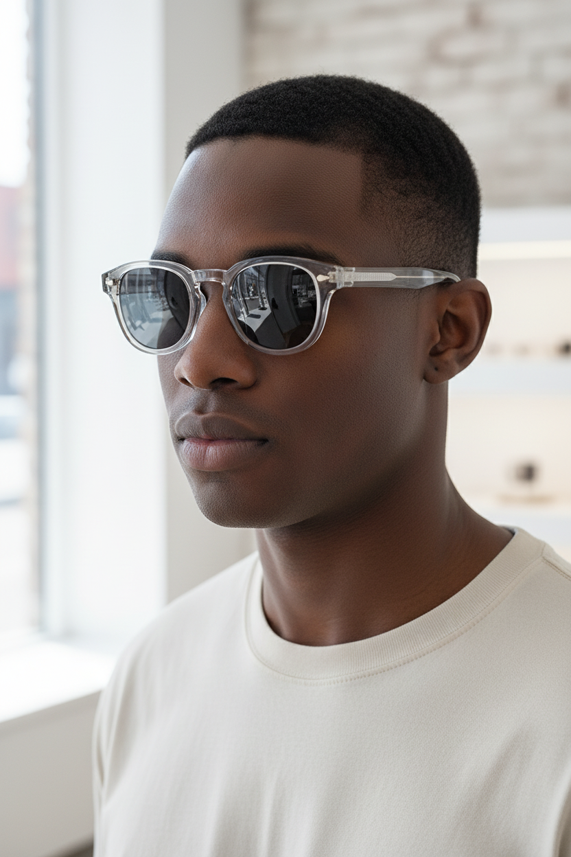 White Gray retro round UV400 sunglasses worn by a male model