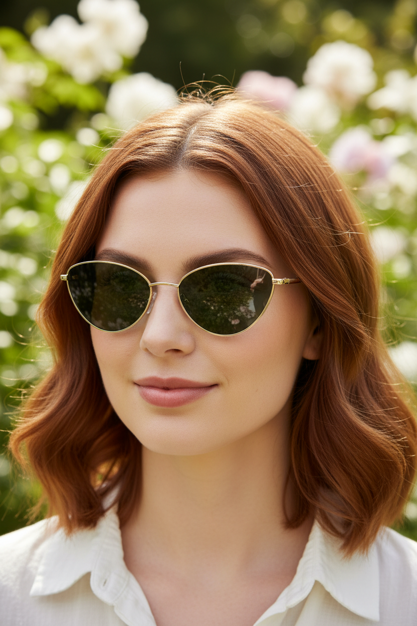 Small green-lens cat-eye sunglasses worn by a white model