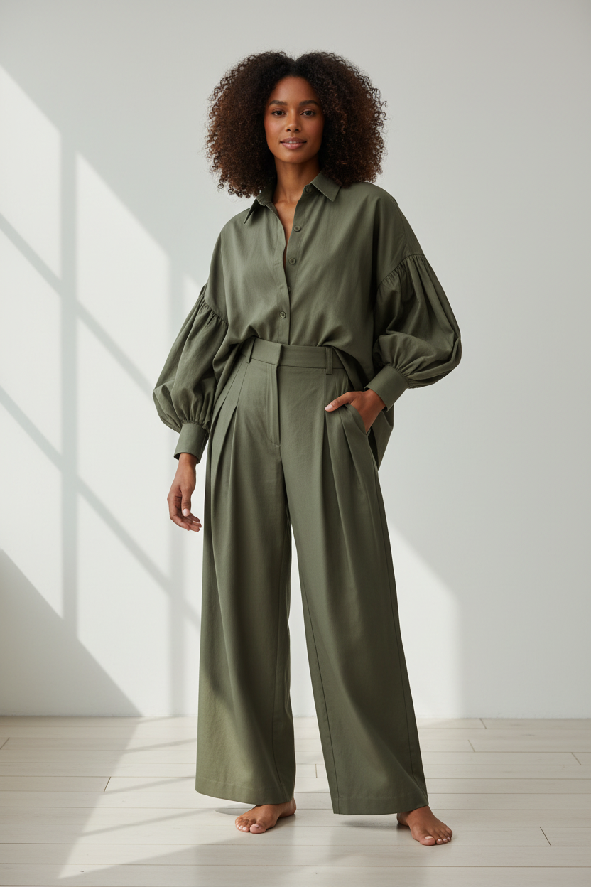 Model wearing the army green lantern-sleeve shirt and wide-leg pants two-piece set