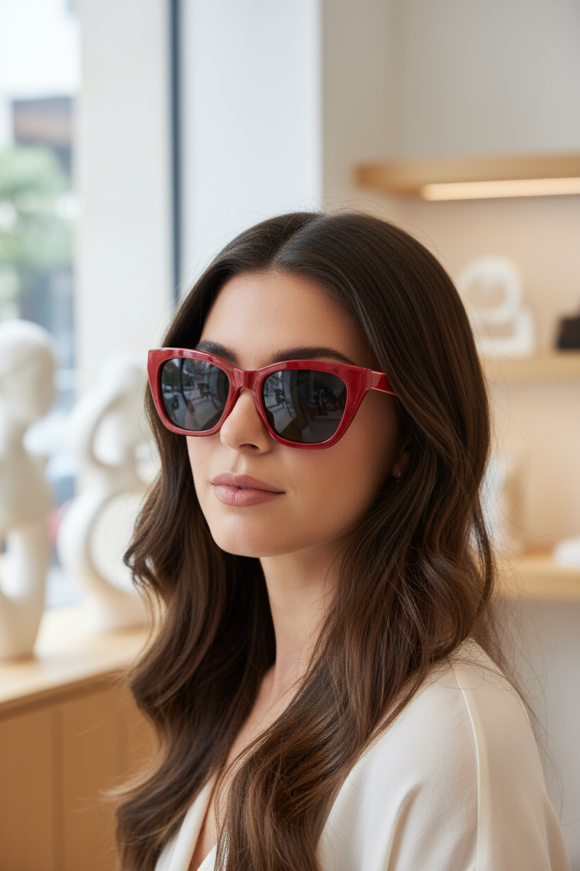 Cat-eye polarized sunglasses with 004 grey lenses worn by a white model