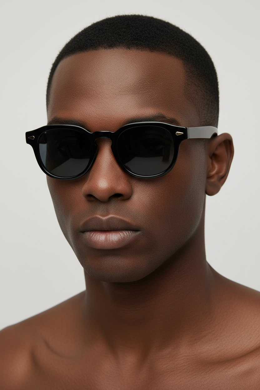 Black retro round UV400 sunglasses worn by a male model