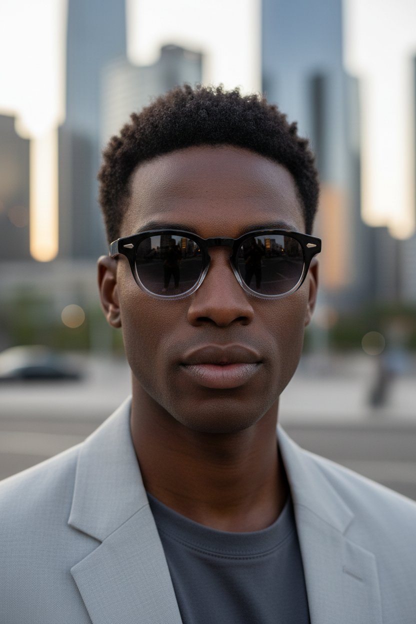 Round UV400 sunglasses with black grey lenses worn by a model in a lifestyle image