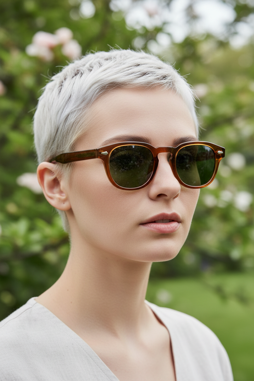 Green retro round UV400 sunglasses worn by a white model