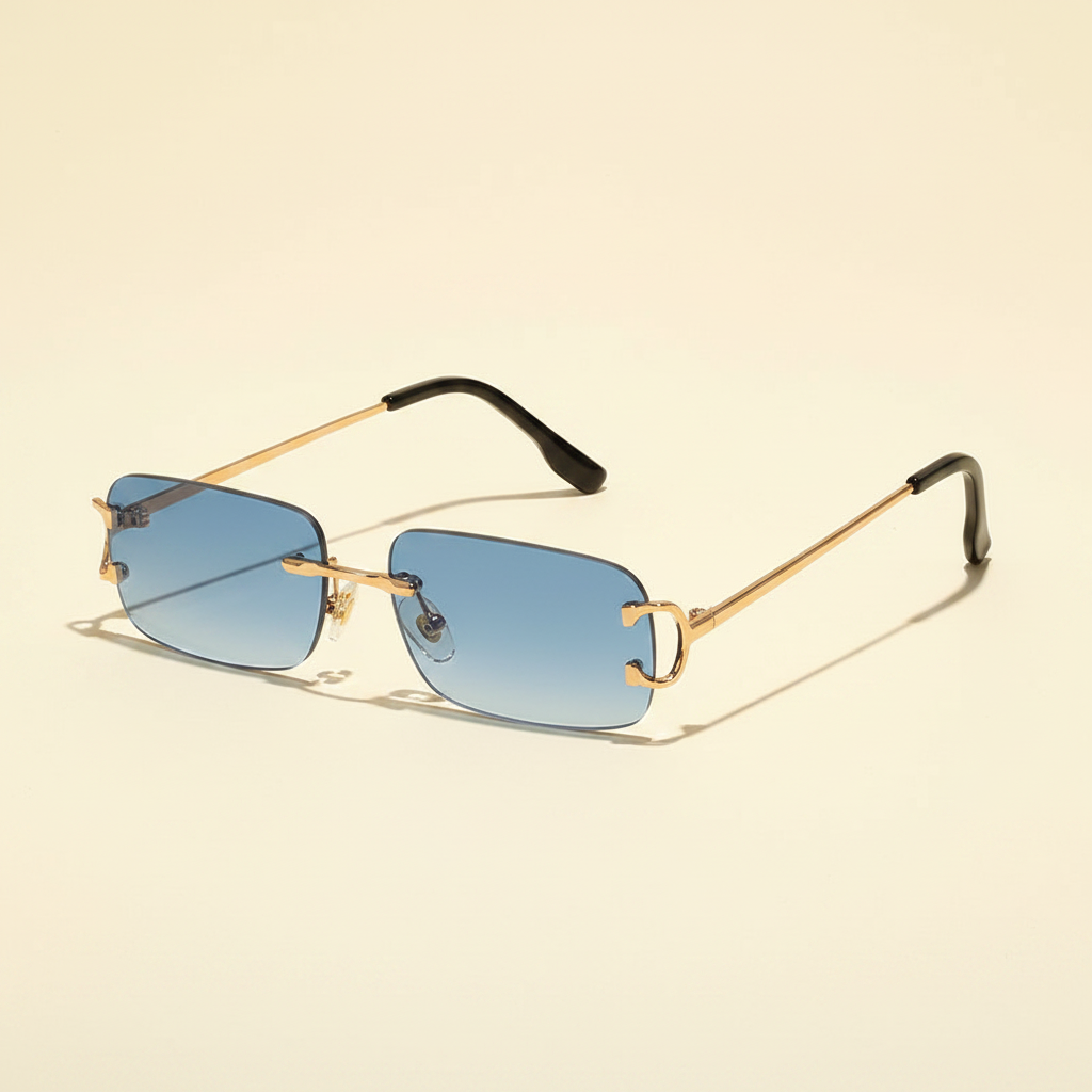 Rimless rectangular UV400 sunglasses with blue gradient lenses and copper frame, product-only studio image