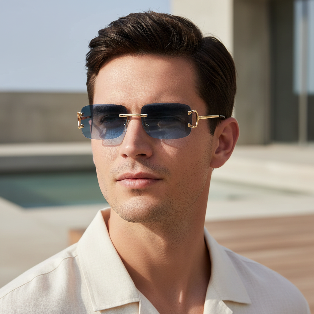 C07CA blue rectangular UV400 sunglasses worn by a male model