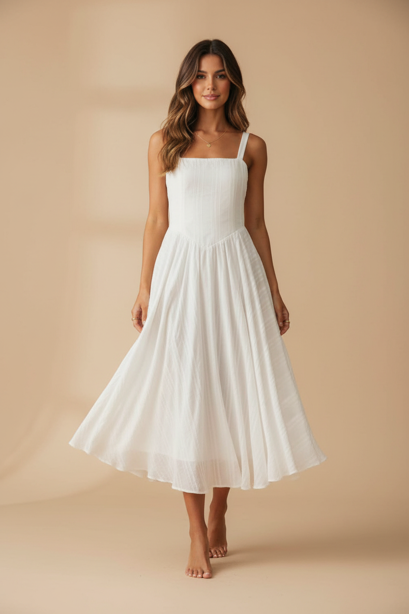 Front view of a model wearing a white square-neck midi dress with a fitted bodice and flowing skirt