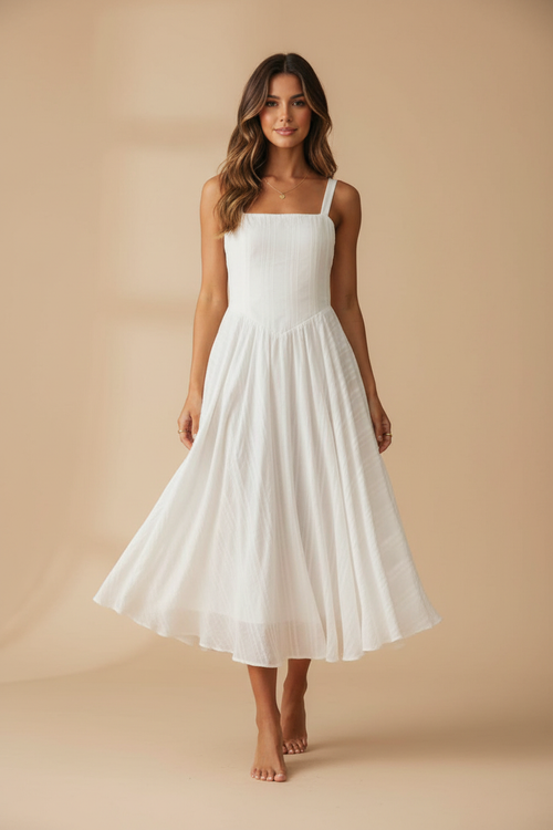 Front view of a model wearing a white square-neck midi dress with a fitted bodice and flowing skirt