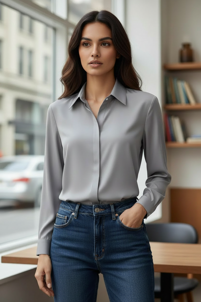 Gray long-sleeve collared button-down shirt shown in a close detail