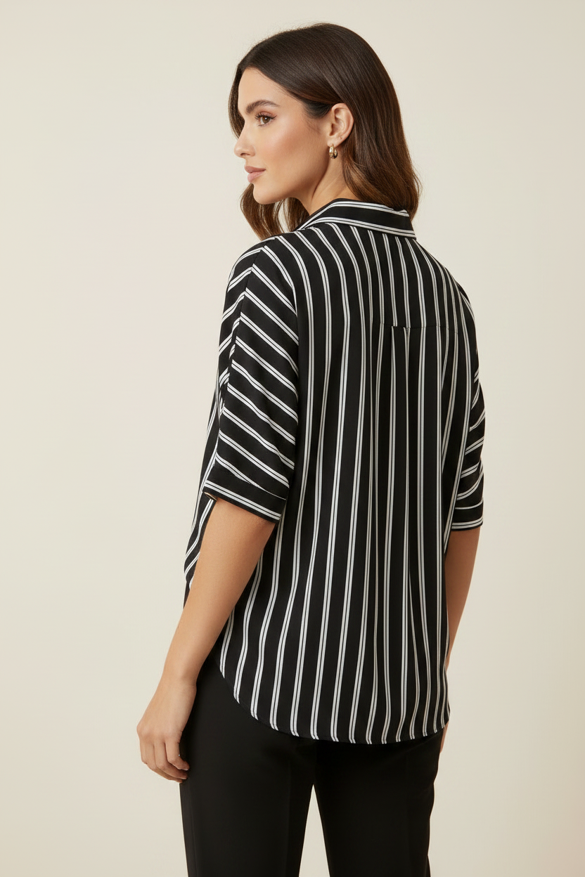 Back view of a model wearing a black vertically striped collared half-sleeve shirt