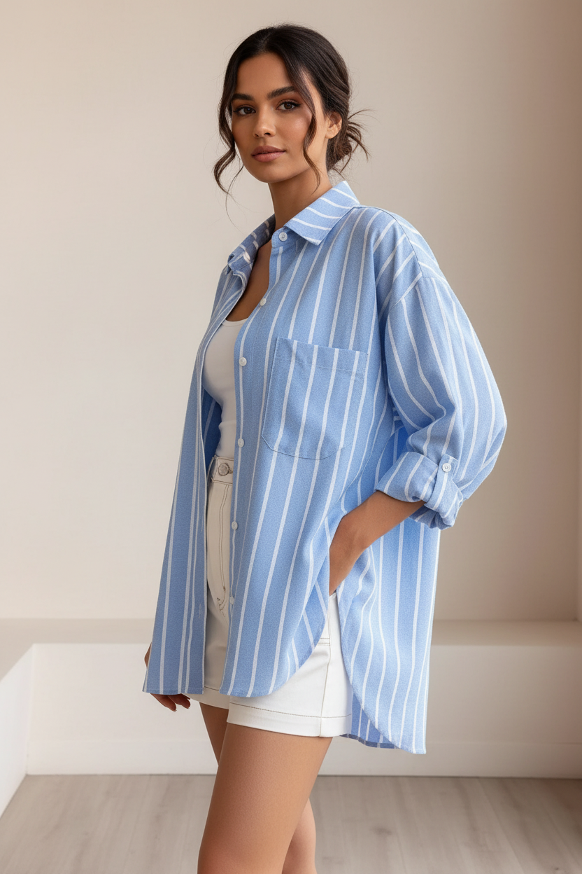 Model wearing a blue and white vertically striped oversized button-down shirt with roll-tab sleeves