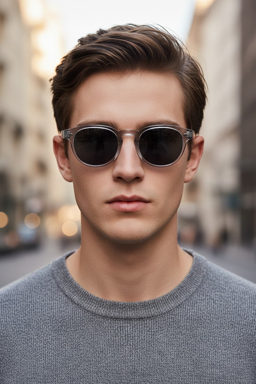 Round UV400 sunglasses with transparent gray lenses worn by a white male model