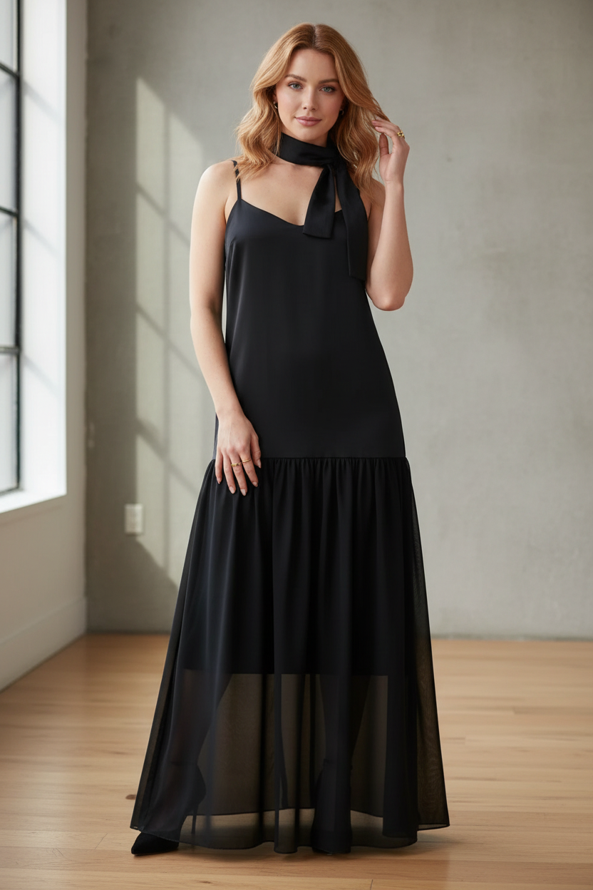 Model wearing the black adjustable-strap maxi cami dress with its matching short scarf
