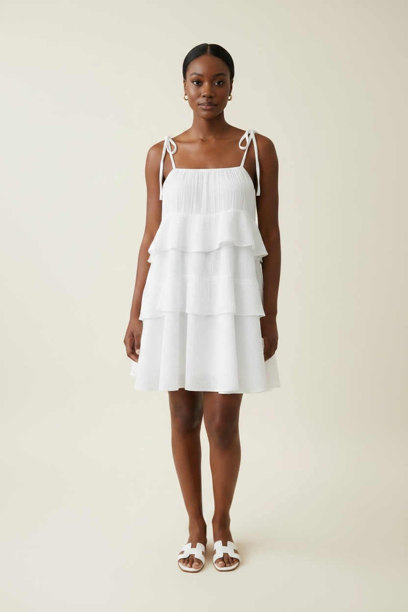 Front view of a model wearing a white tie-shoulder mini dress with layered ruffle tiers
