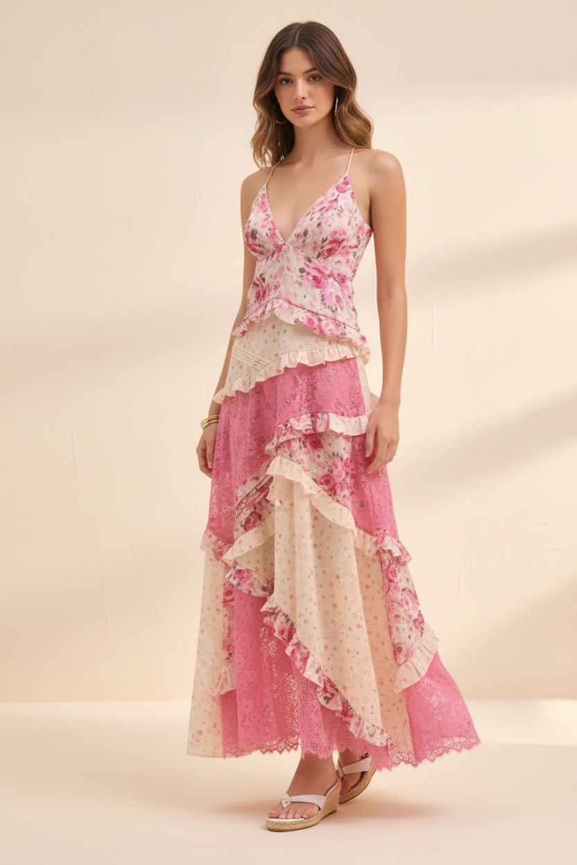 Coral Red floral lace-detail V-neck maxi dress worn by a model