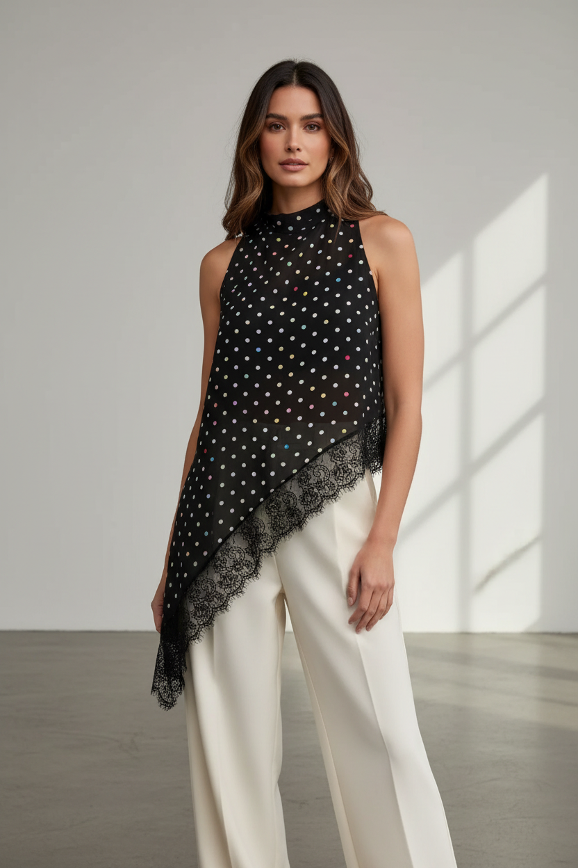 Model wearing the multicolor polka-dot lace-trim asymmetrical-hem sleeveless blouse