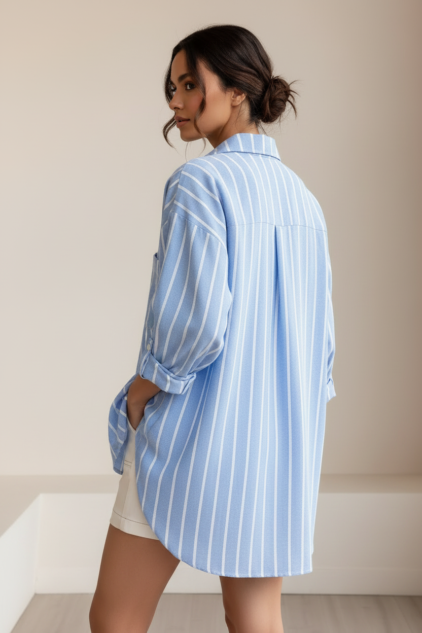 Back view of a model wearing a blue and white striped oversized shirt with a rounded hem