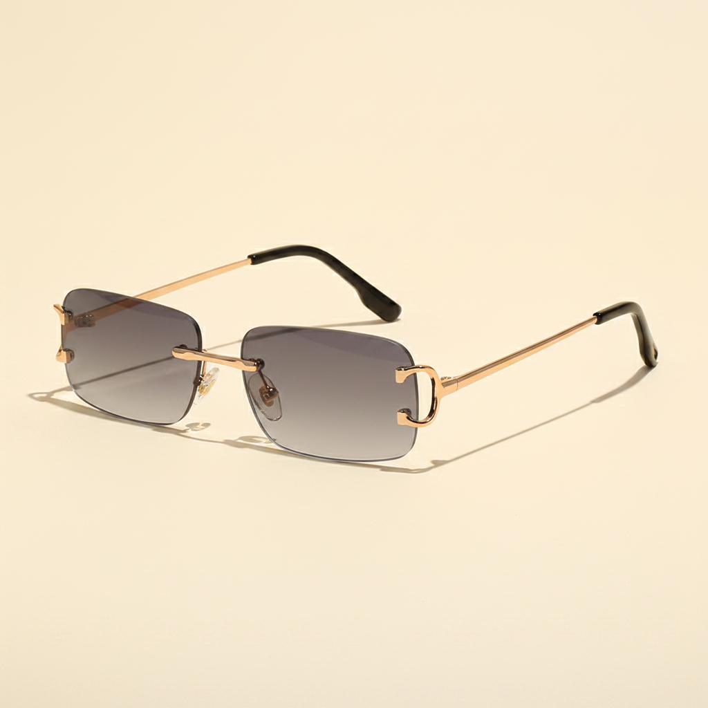 Rimless rectangular UV400 sunglasses with gray gradient lenses and copper frame, product-only studio image