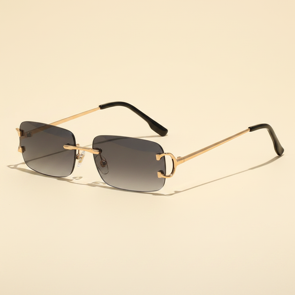 Rimless rectangular UV400 sunglasses with black gradient lenses and copper frame, product-only studio image