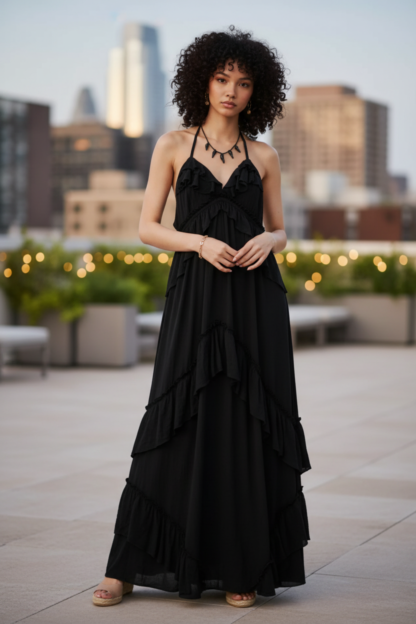 Black ruffled halter-neck maxi dress worn by a model