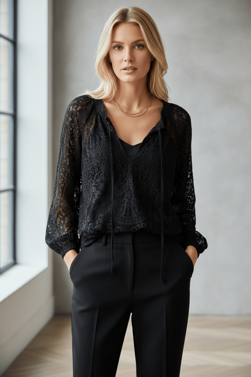 Sheer Lace Tie-Neck Blouse | White, Pink, Black & Khaki - The PM Edit