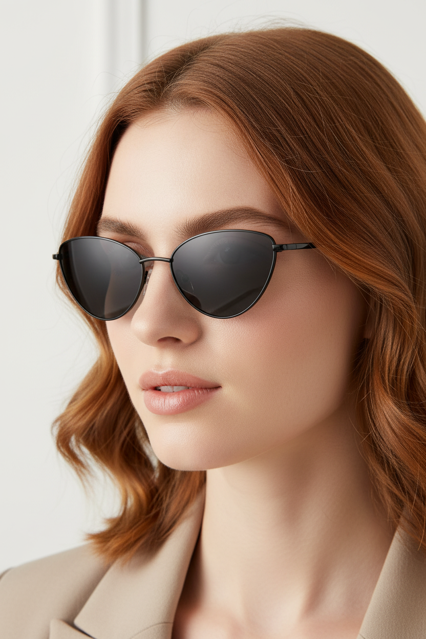 Small black-gray-lens cat-eye sunglasses worn by a white model