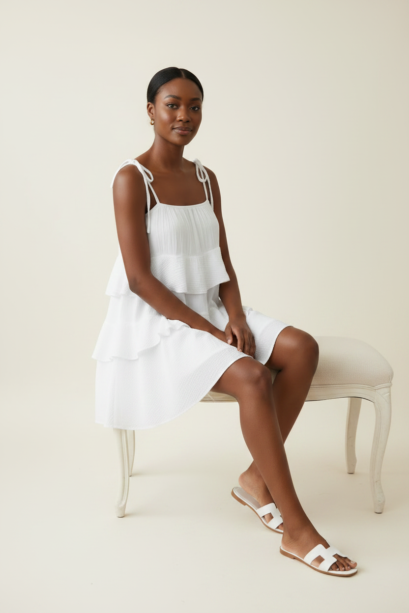 Model wearing a white tiered ruffle mini dress with tie shoulder straps in a seated pose