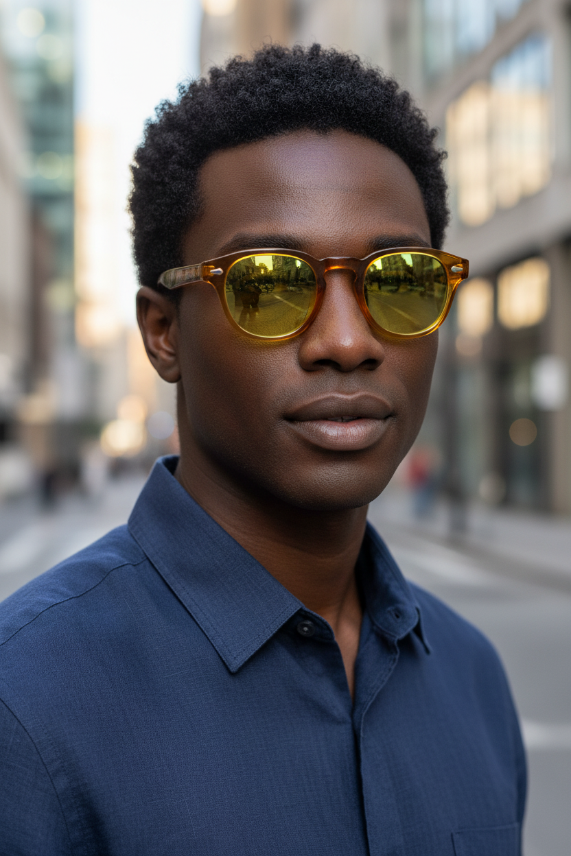 Round UV400 sunglasses with yellow green lenses worn by a model in a lifestyle image