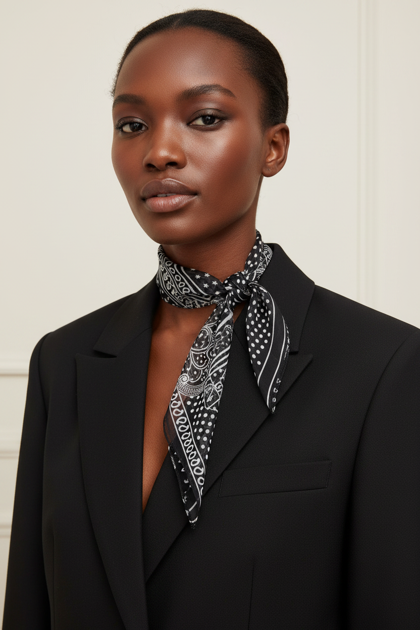 Black and white paisley chiffon scarf styled at the neck