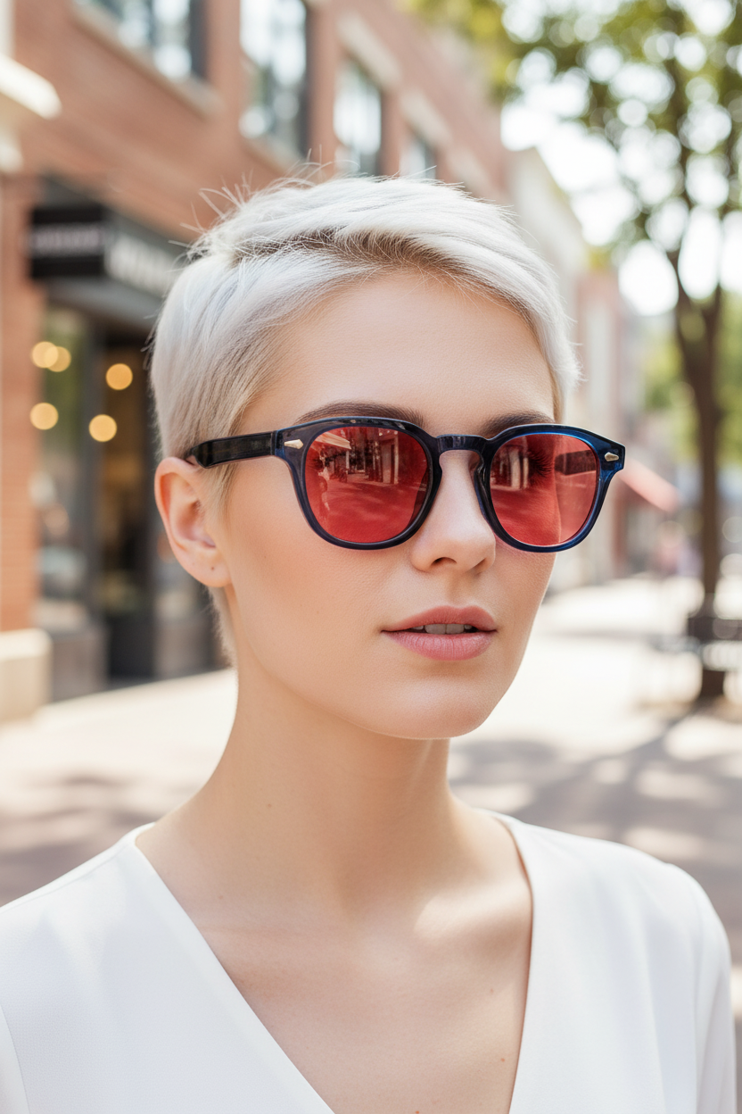 Red retro round UV400 sunglasses worn by a white model