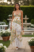 Yellow floral lace-detail V-neck maxi dress worn by a model