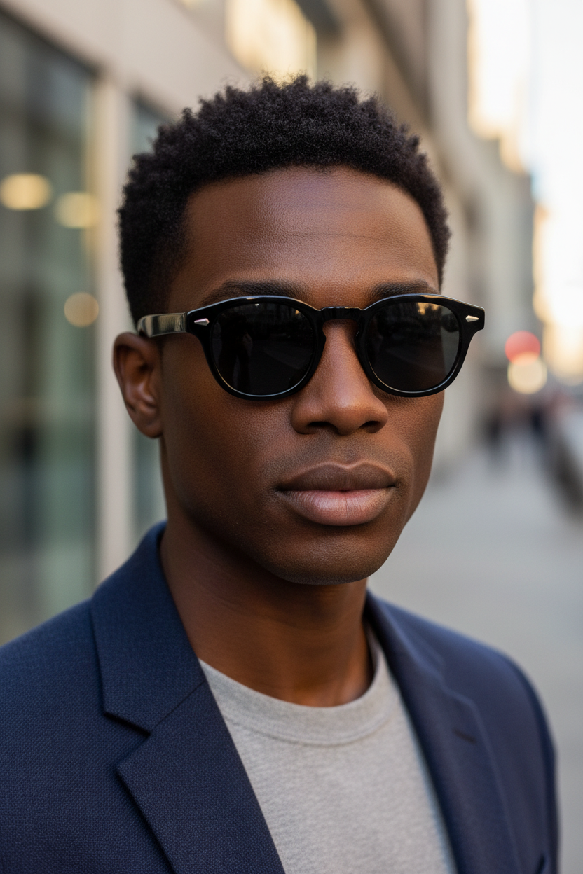 Round UV400 sunglasses with black lenses worn by a model in a lifestyle image