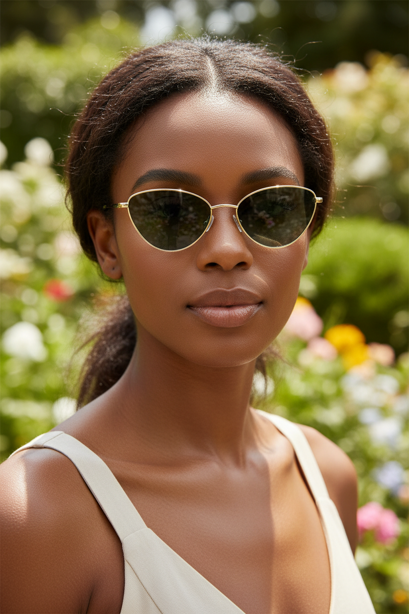 Small green-lens cat-eye sunglasses worn by a model