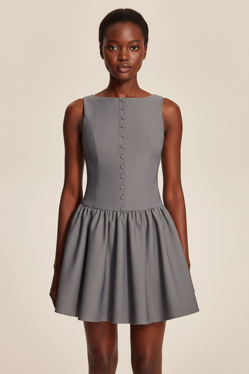 Front view of a model wearing a gray sleeveless mini dress with decorative buttons and a gathered skirt