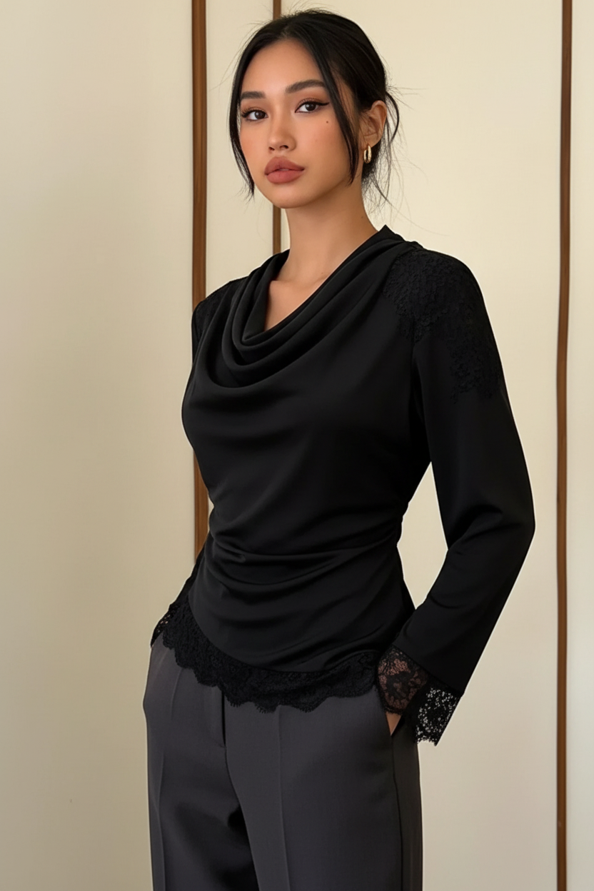 Black lace-trim cowl-neck blouse worn by a model