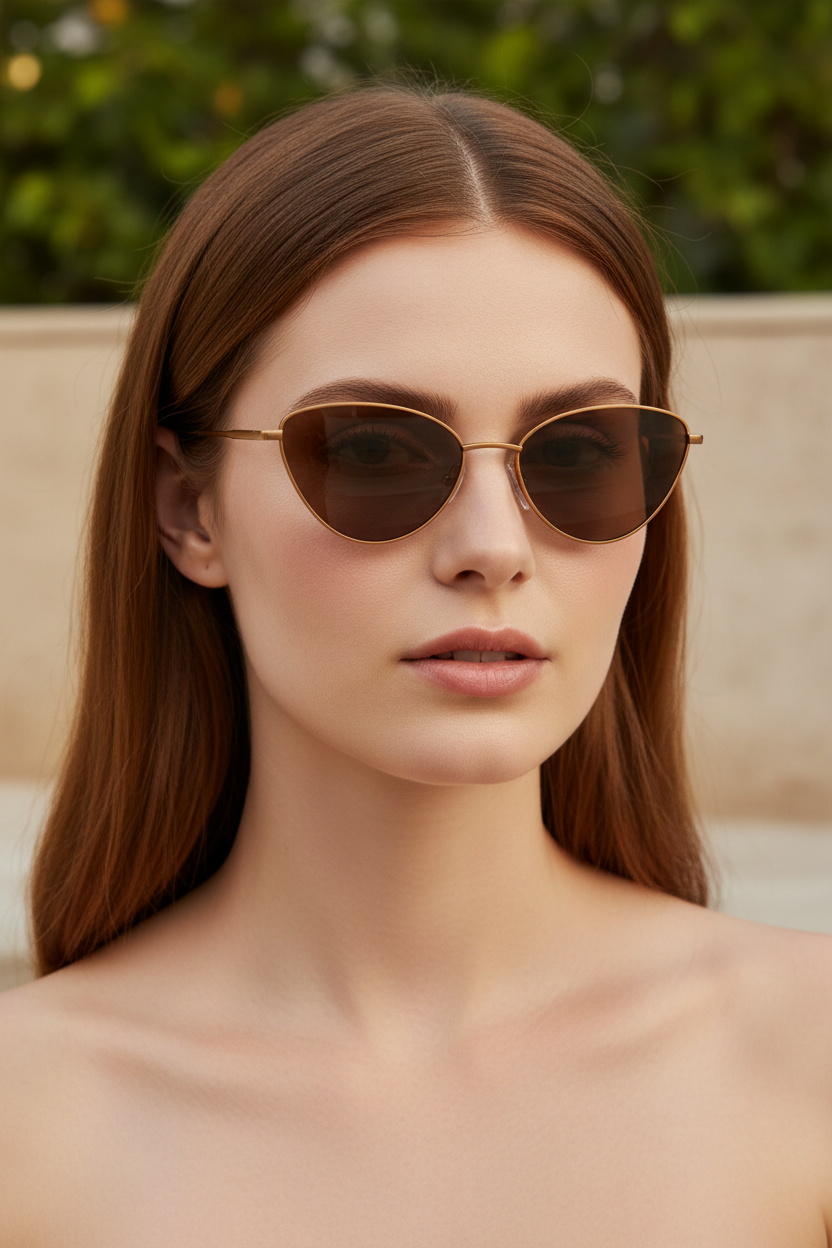 Small brown-lens cat-eye sunglasses worn by a white model