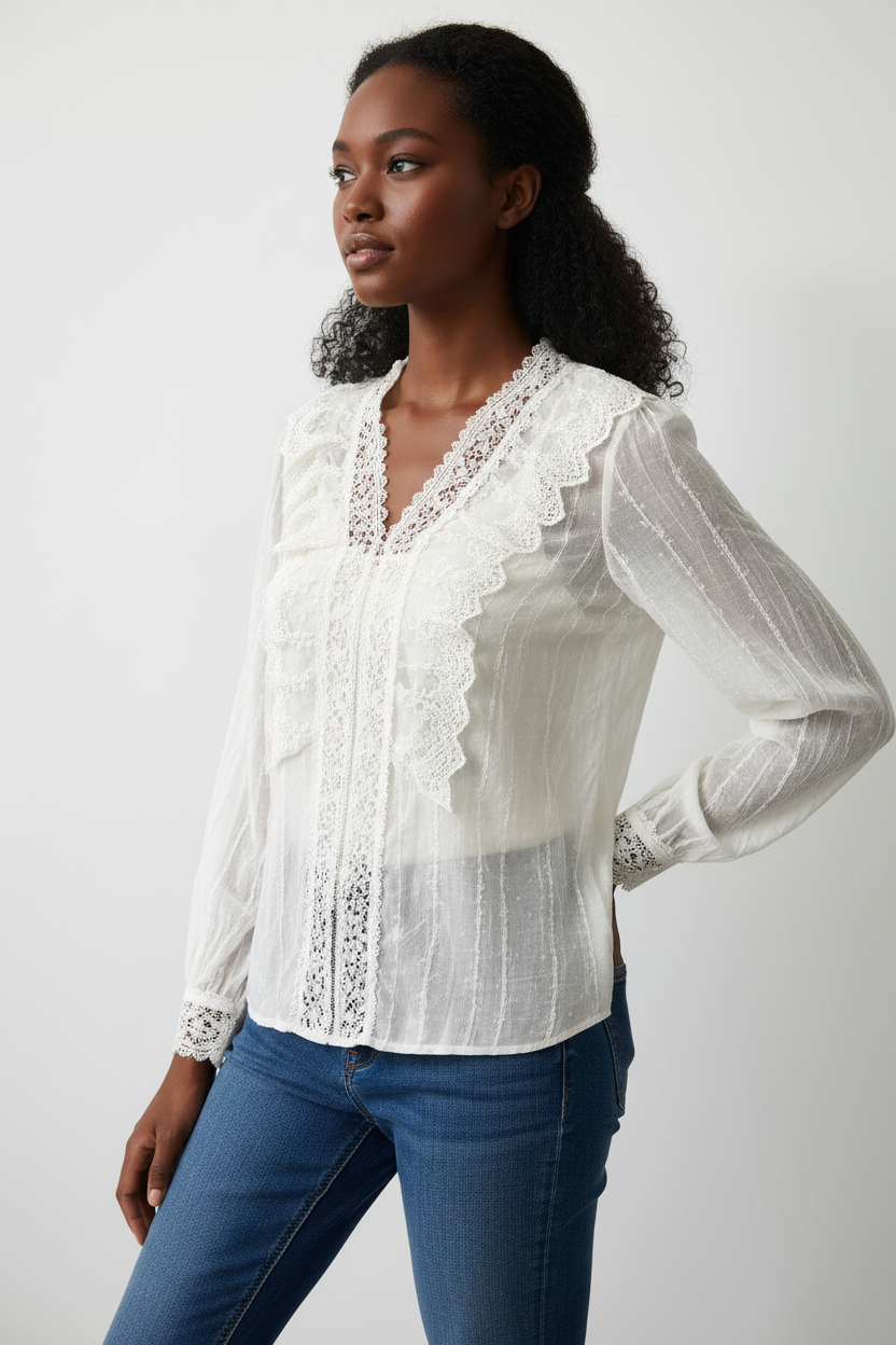 Sheer lace ruffle V-neck blouse styled with denim